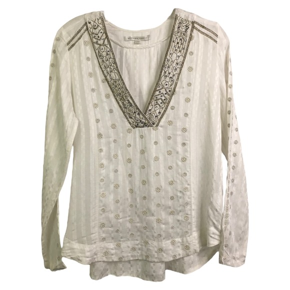Burning Torch Women Tunic Top Boho White Floral Gems Long Sleeve V-Neck S $395 - Picture 1 of 10